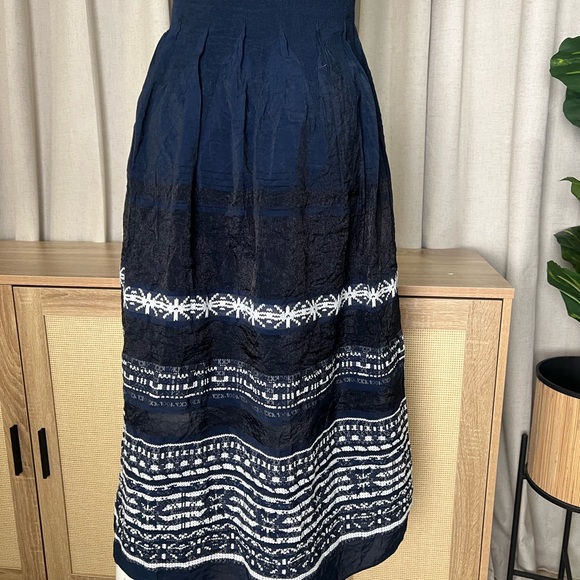 Navy Blue Sleeveless Smocked Jacquard Fit & Flare Dress Ribbed Embroidered - Picture 9 of 9